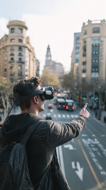 男子佩戴虚拟现实设备指向城市街道