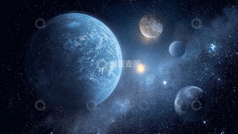 高清大图下载【趣麦麦图】宇宙中的蓝色星球与卫星