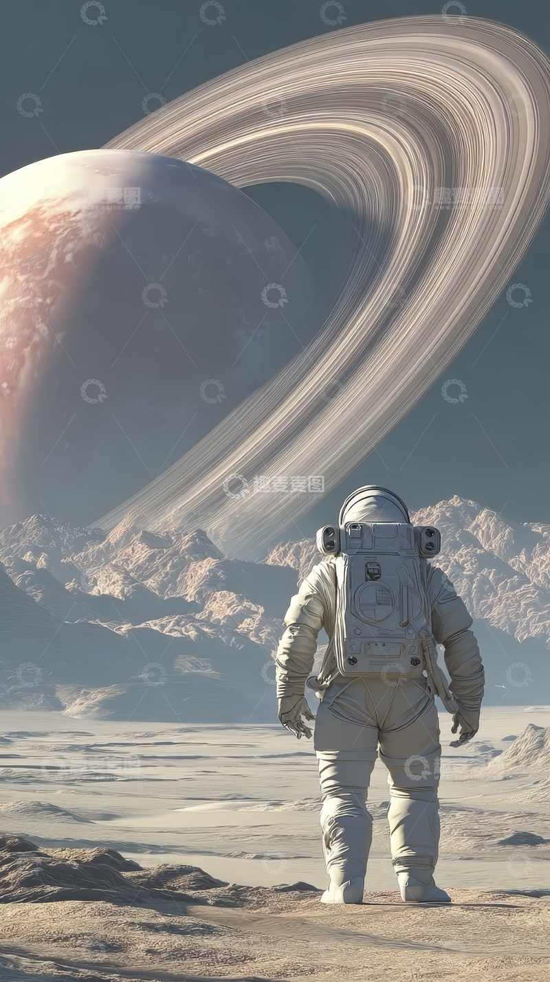 高清大图下载【趣麦麦图】宇航员凝视环状行星的壮丽景象