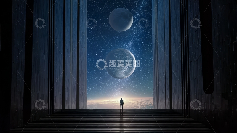 高清大图下载【趣麦麦图】窗前仰望双月的孤独身影