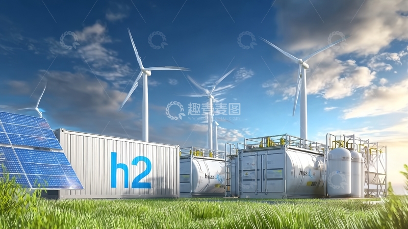 高清大图下载【趣麦麦图】风能与太阳能结合的氢能源生产设施