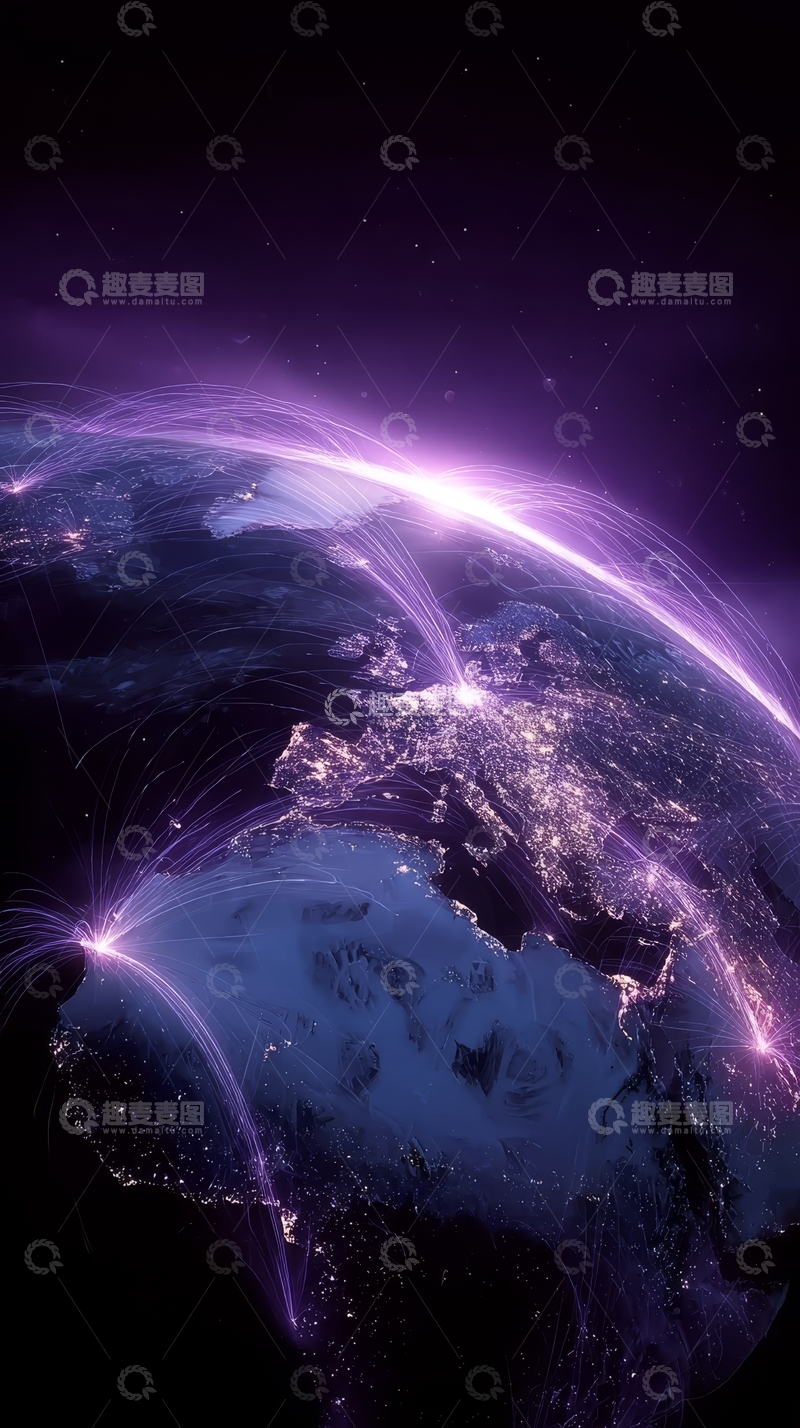 高清大图下载【趣麦麦图】地球夜景与紫色光带交织