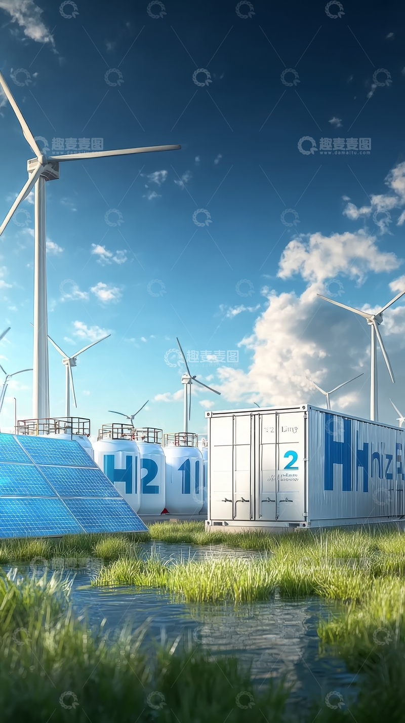 高清大图下载【趣麦麦图】风力发电与氢能储存设施