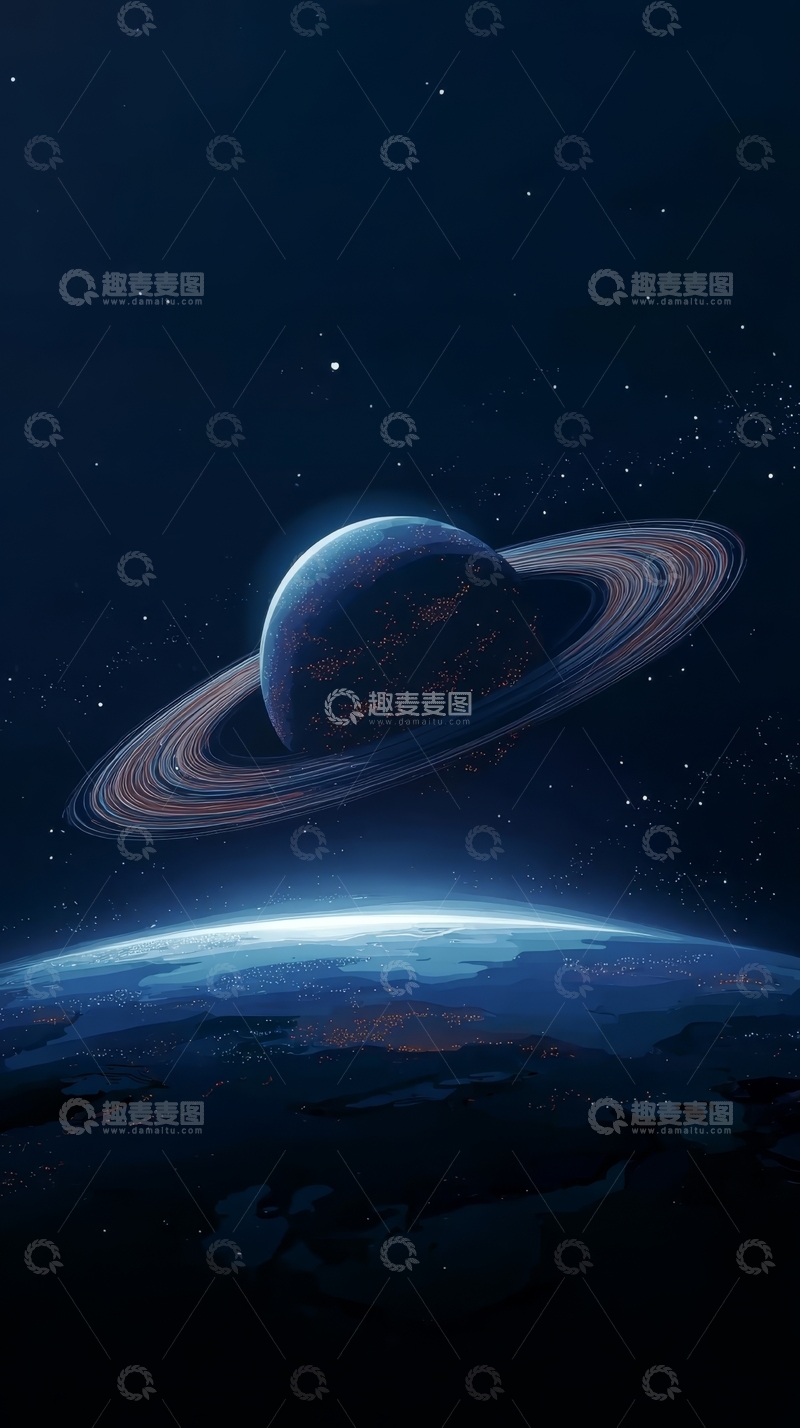 高清大图下载【趣麦麦图】星空下的环状行星与地球
