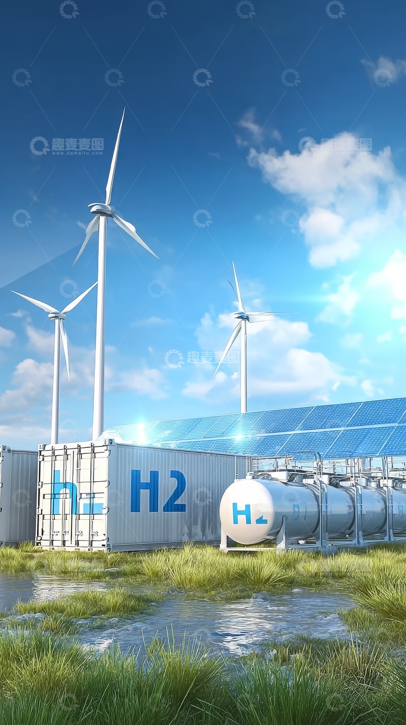 高清大图下载【趣麦麦图】风能与太阳能驱动的氢能源存储系统