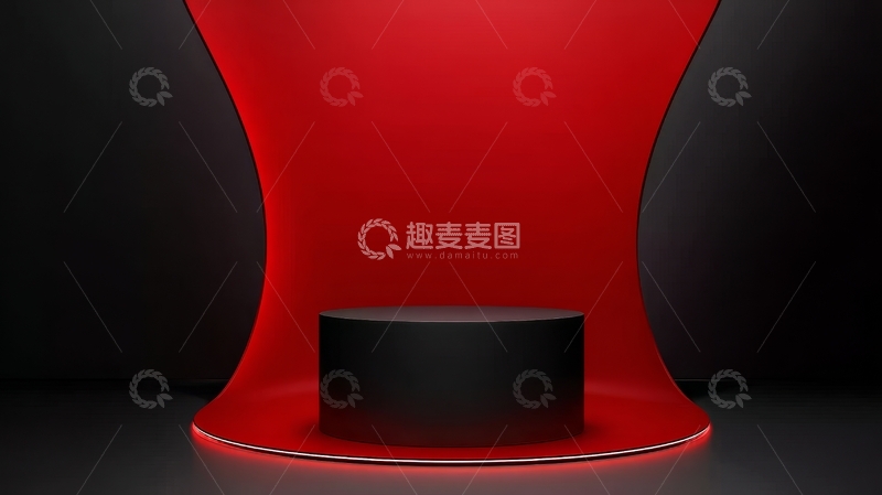 高清大图下载【趣麦麦图】红色背景下的黑色圆柱体展示台