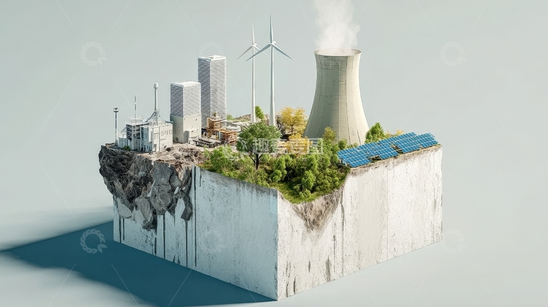 高清大图下载【趣麦麦图】-悬浮岛屿上的工业与自然共生景象