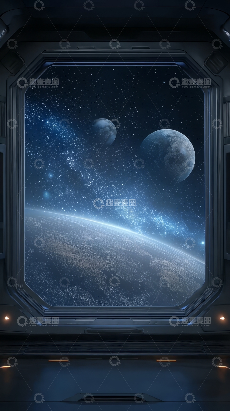 高清大图下载【趣麦麦图】太空舱内望向宇宙星球的景象
