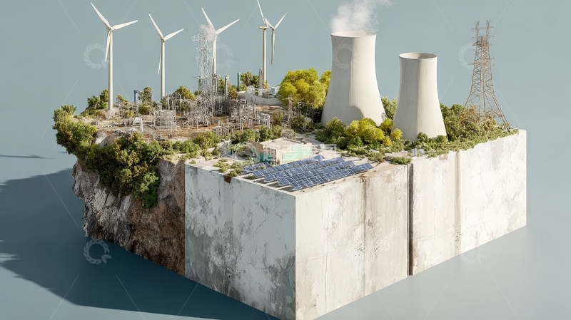 高清大图下载【趣麦麦图】能源岛：风力、核能与太阳能的结合