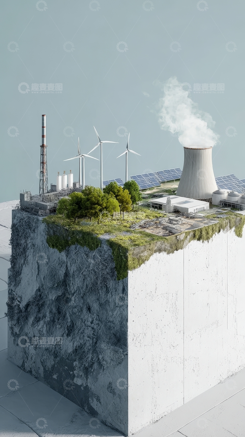 高清大图下载【趣麦麦图】悬浮岛屿上的工业与自然景观