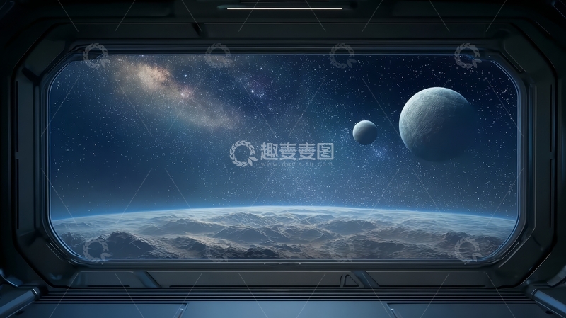 高清大图下载【趣麦麦图】太空舱内眺望星河与行星