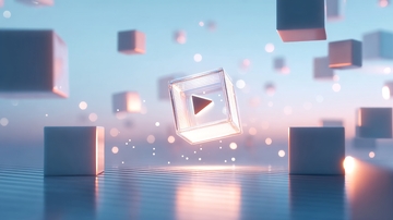 悬浮立方体与播放按钮的未来科技场景