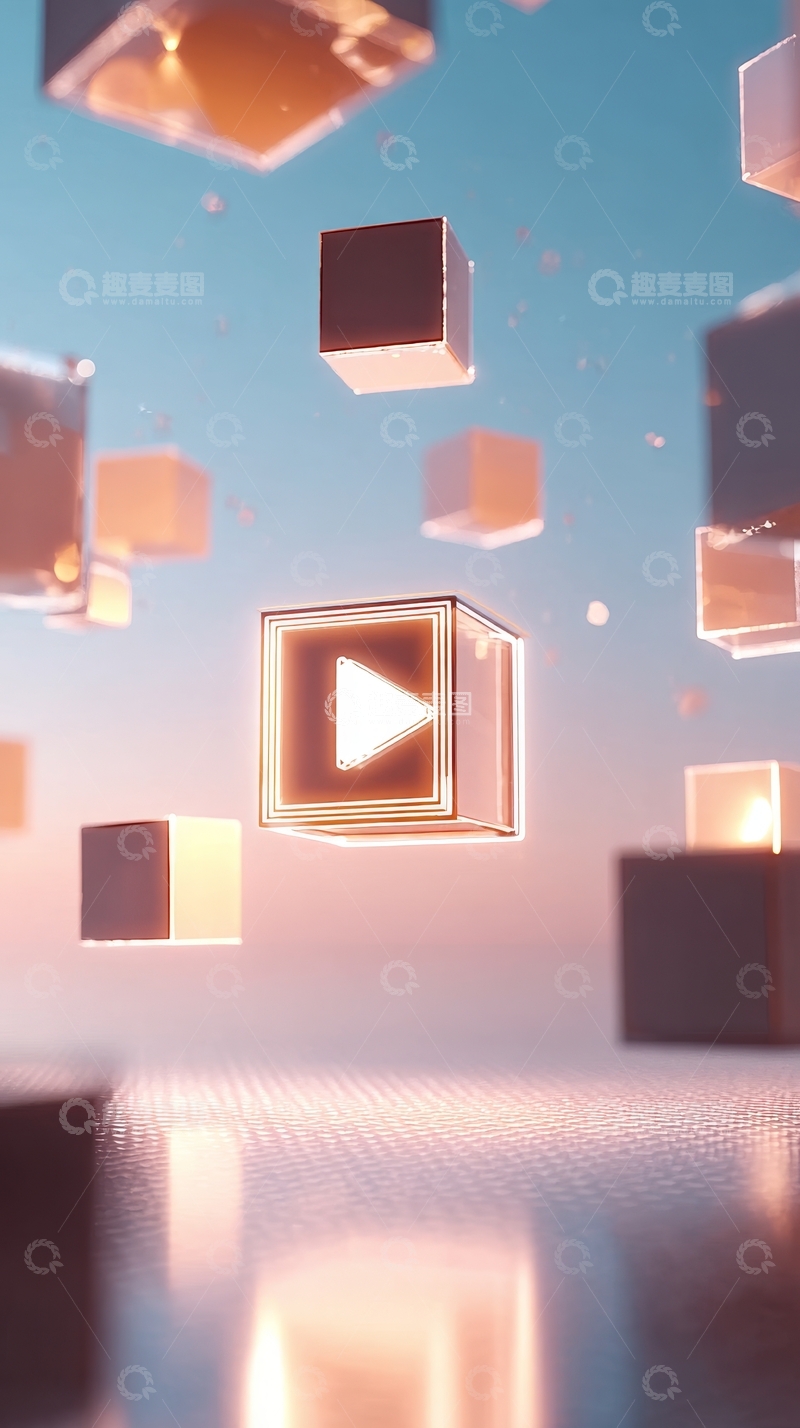 高清大图下载【趣麦麦图】悬浮立方体与播放按钮的科技感场景