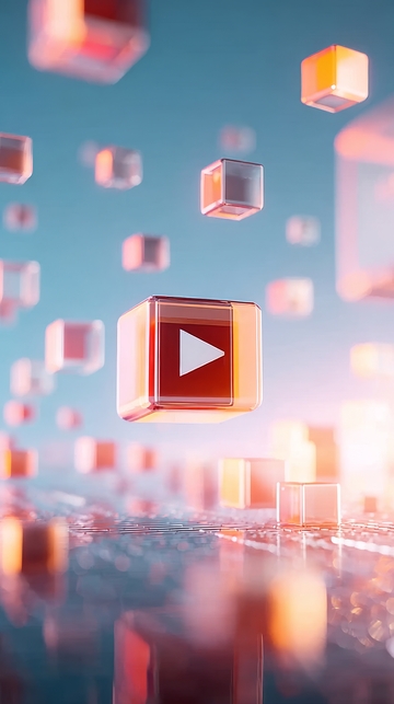 悬浮立方体与播放按钮的科技场景