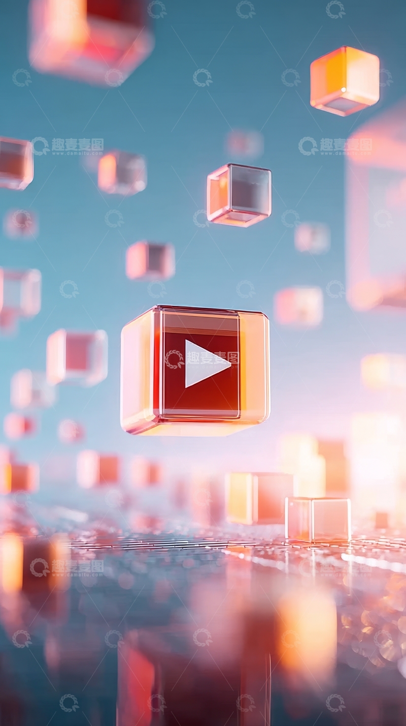 高清大图下载【趣麦麦图】悬浮立方体与播放按钮的科技场景
