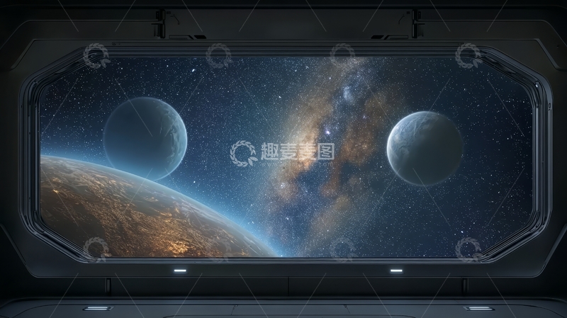 高清大图下载【趣麦麦图】太空舱内眺望行星与星云