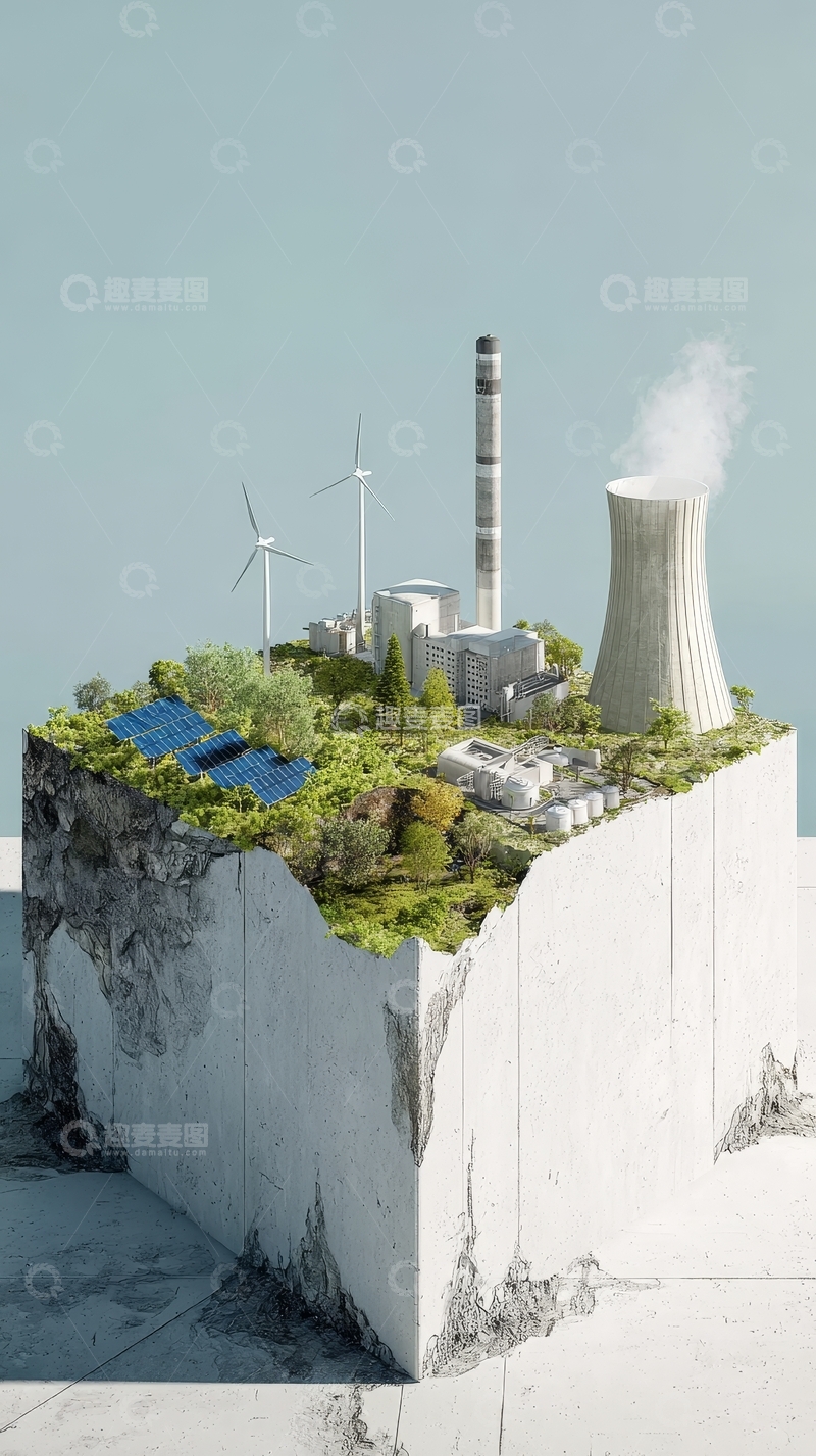 高清大图下载【趣麦麦图】悬浮岛屿上的能源设施与自然景观