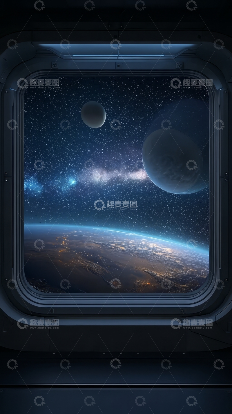 高清大图下载【趣麦麦图】太空舱窗内的地球与星系景象