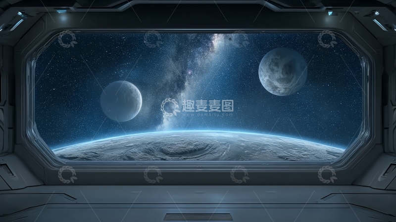 高清大图下载【趣麦麦图】太空舱内眺望星河与双月