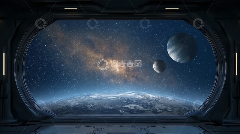 高清大图下载【趣麦麦图】太空舱内眺望星系与行星