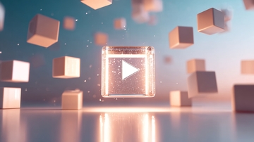 悬浮立方体与播放按钮的科技场景