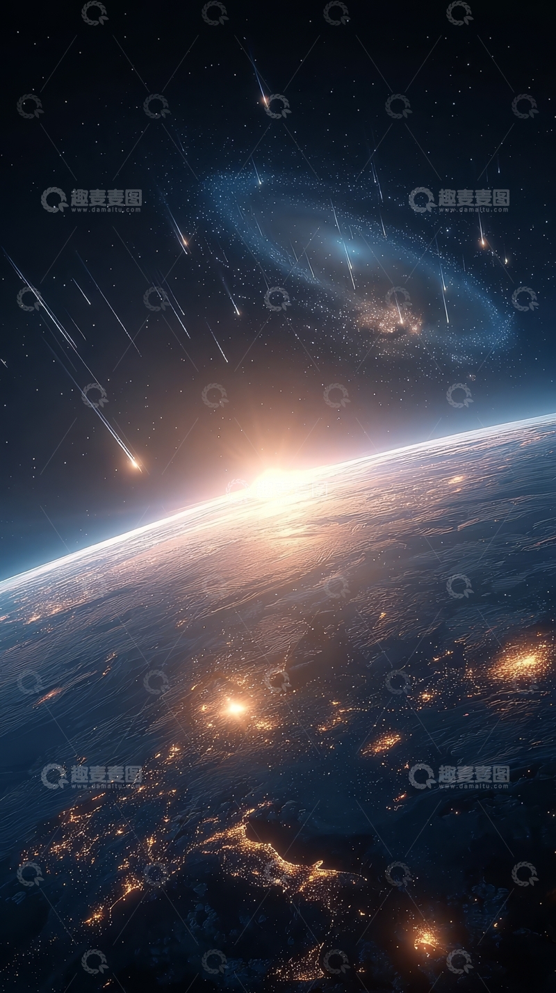 高清大图下载【趣麦麦图】地球夜景与银河系的壮丽交汇