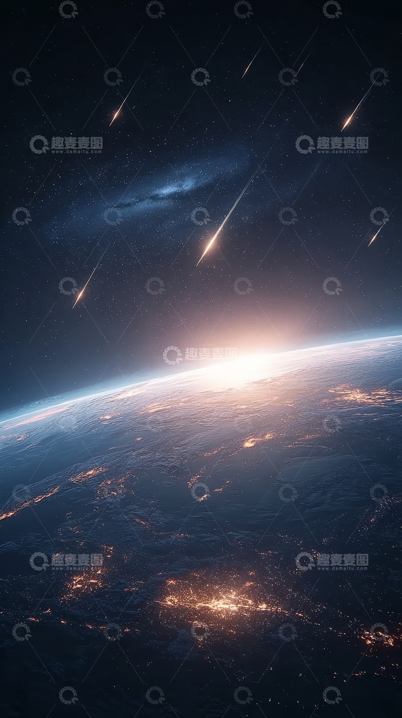 高清大图下载【趣麦麦图】地球夜景与流星雨