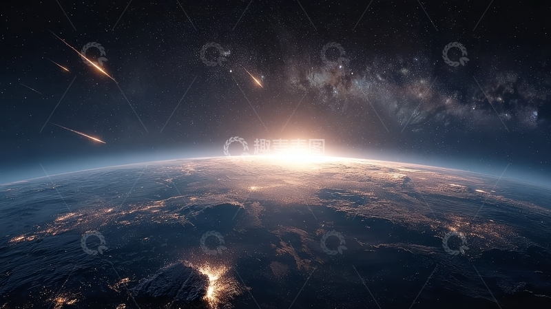 高清大图下载【趣麦麦图】地球日出与银河星空