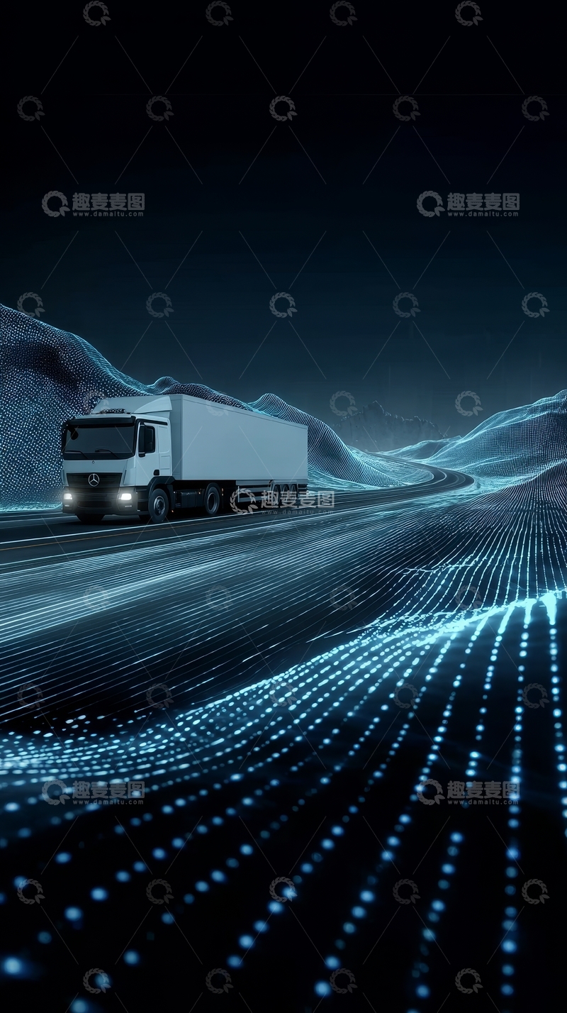 高清大图下载【趣麦麦图】-夜景中行驶的卡车与数据流