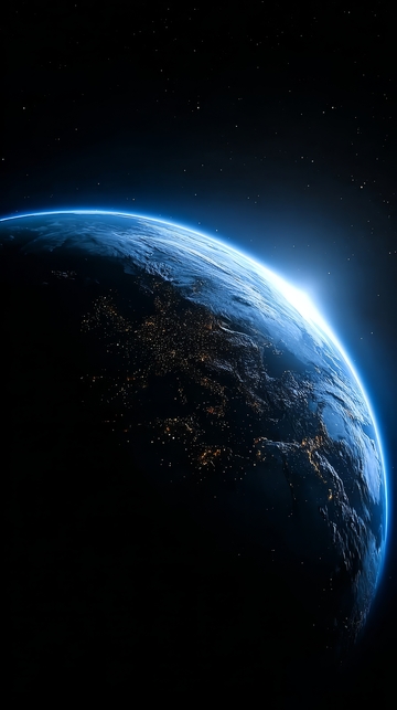 地球夜景，蓝色光晕环绕