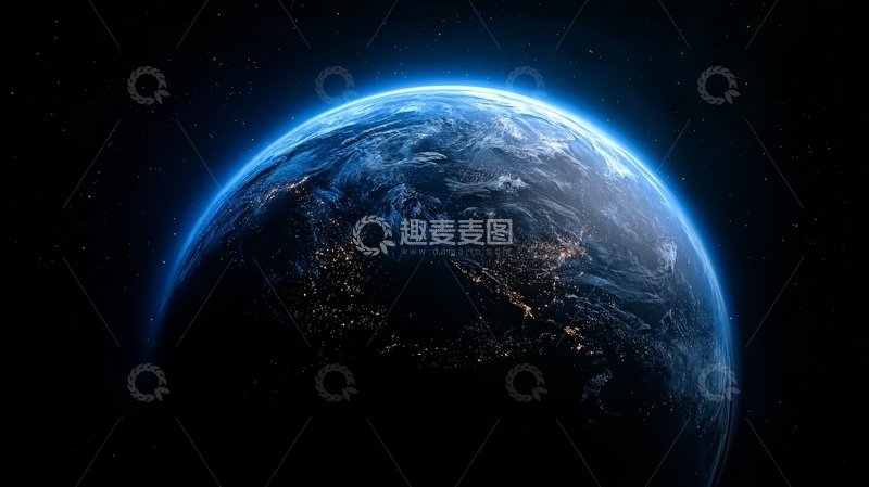 高清大图下载【趣麦麦图】地球夜景，城市灯光与蓝色大气层
