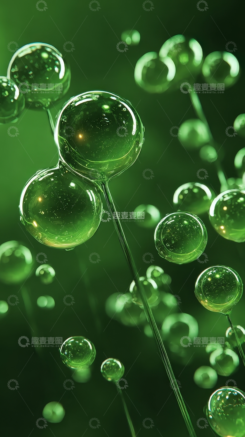 高清大图下载【趣麦麦图】绿色背景下的透明气泡群