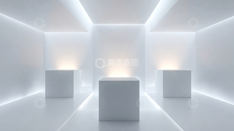 高清大图下载【趣麦麦图】简约白色空间中的三个发光立方体