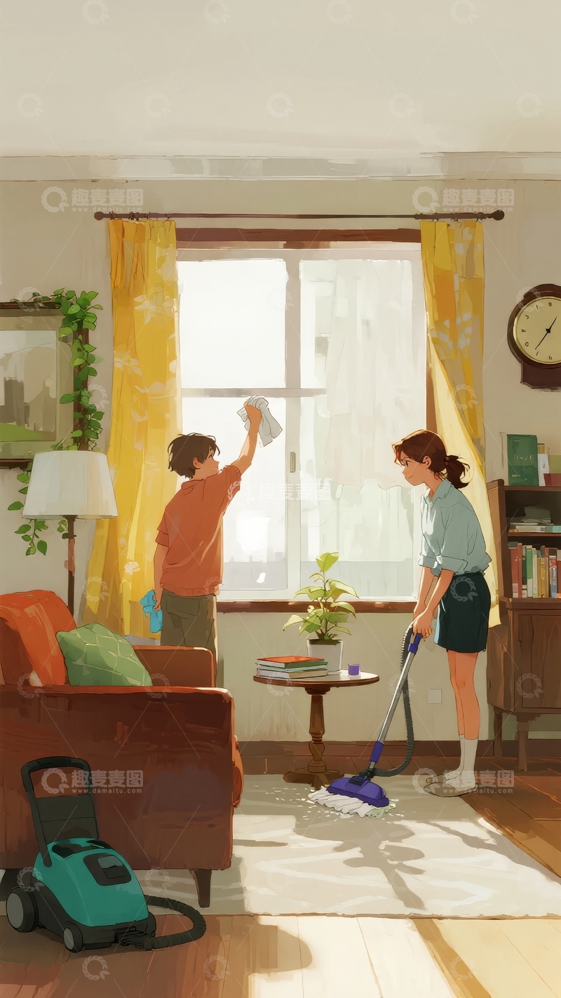 高清大图下载【趣麦麦图】两人在客厅打扫卫生