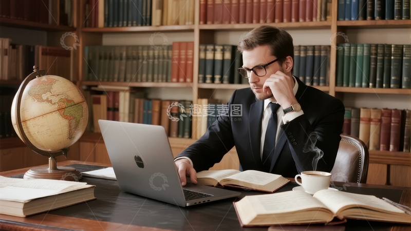 高清大图下载【趣麦麦图】男子在书房使用笔记本电脑工作