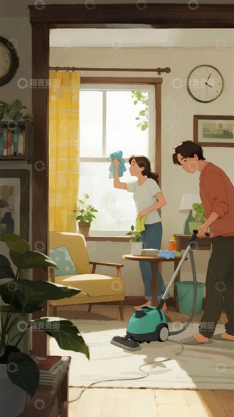 两人在客厅打扫卫生