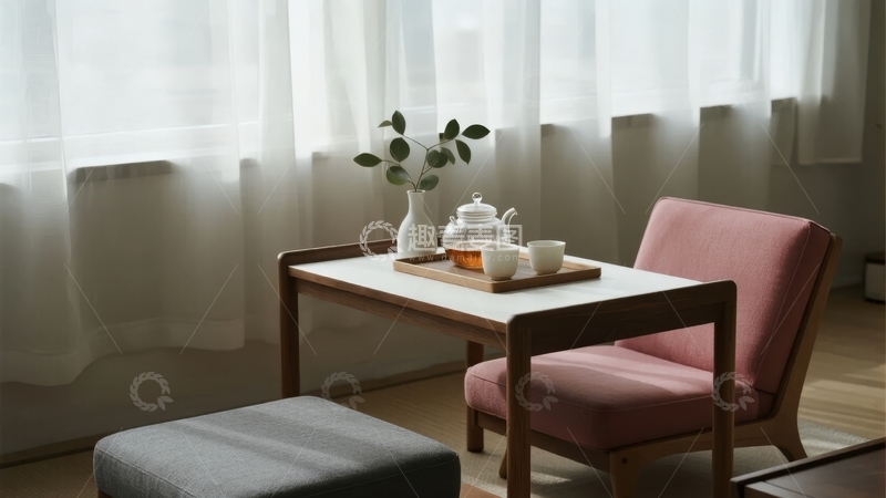 高清大图下载【趣麦麦图】室内茶几旁的粉色椅子和绿植