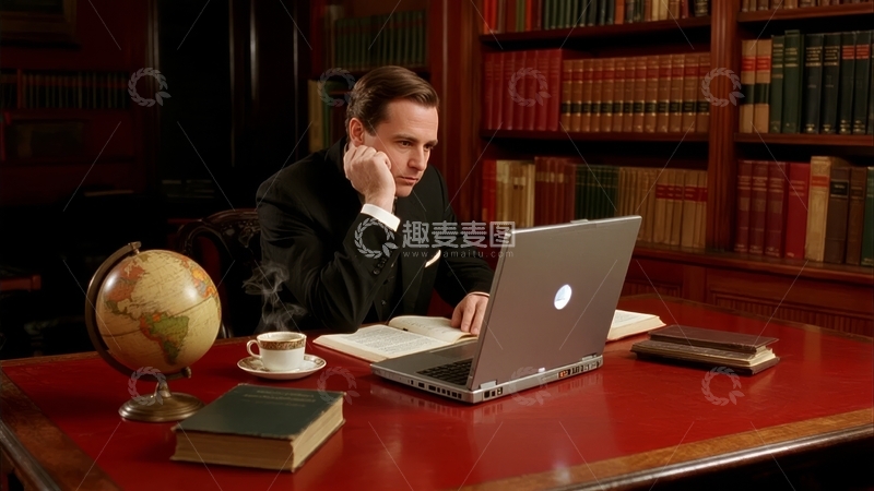 高清大图下载【趣麦麦图】男子在书房使用笔记本电脑阅读书籍
