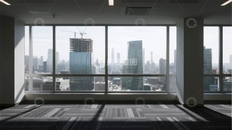 高清大图下载【趣麦麦图】空旷办公室内透过大窗可见城市高楼