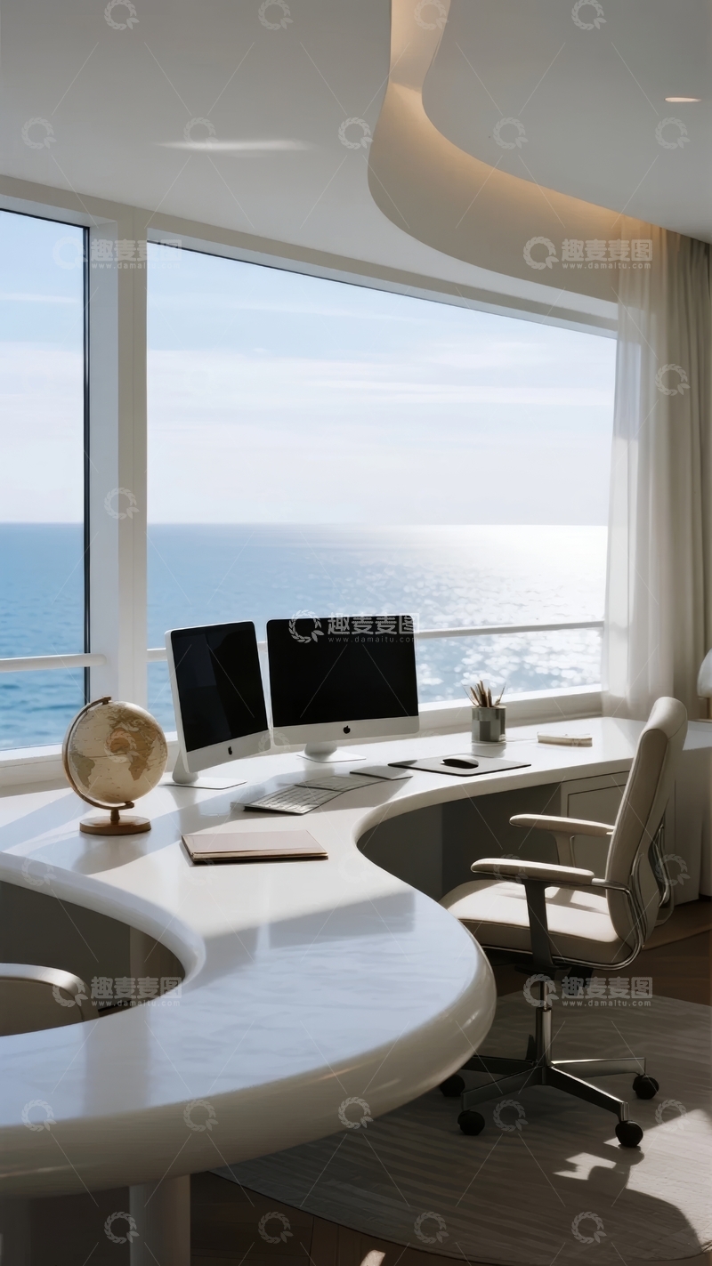 高清大图下载【趣麦麦图】现代办公室内设双显示器和海景