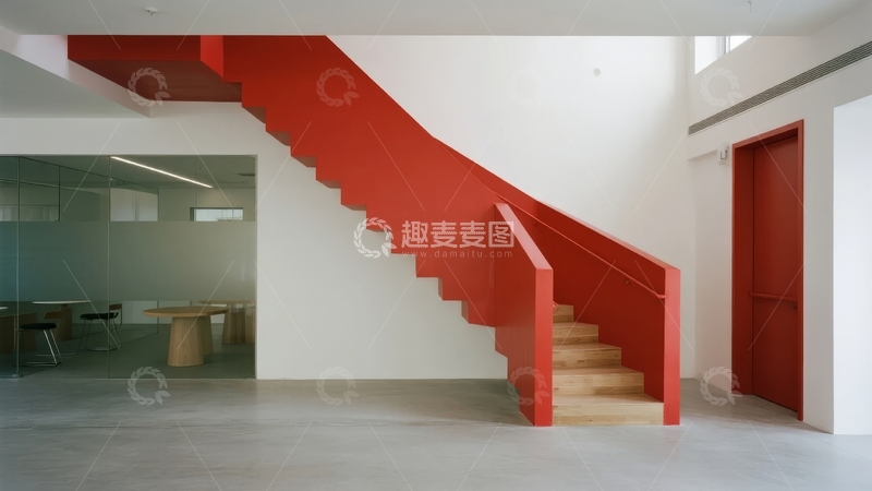高清大图下载【趣麦麦图】-红色楼梯连接现代室内空间