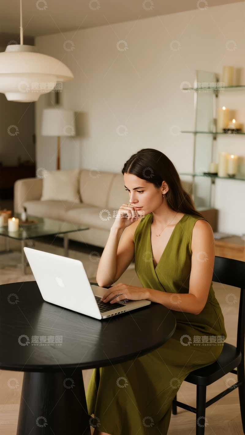 高清大图下载【趣麦麦图】女性在客厅使用笔记本电脑工作