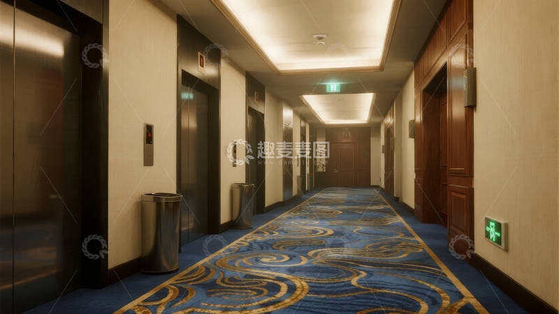 高清大图下载【趣麦麦图】酒店走廊铺有蓝色花纹地毯