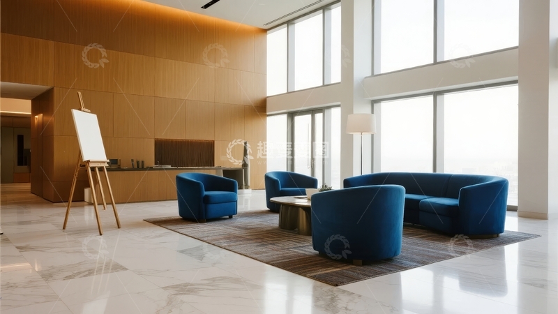 高清大图下载【趣麦麦图】现代大厅内的蓝色沙发和画架