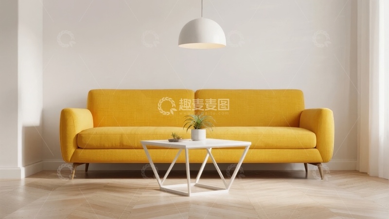 高清大图下载【趣麦麦图】黄色沙发搭配白色茶几的客厅
