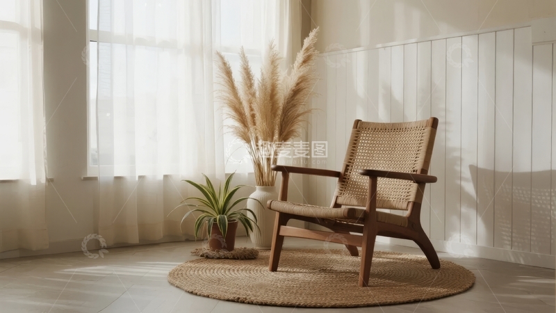 高清大图下载【趣麦麦图】室内藤椅旁的植物与阳光