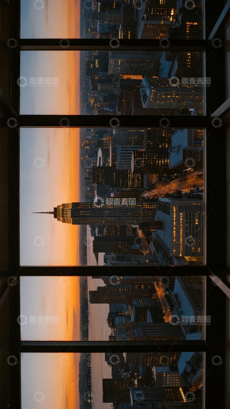 高清大图下载【趣麦麦图】城市天际线透过窗户的黄昏景象