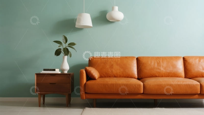 高清大图下载【趣麦麦图】橙色皮沙发与绿墙现代客厅