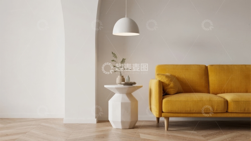 高清大图下载【趣麦麦图】黄色沙发与白色吊灯的现代客厅