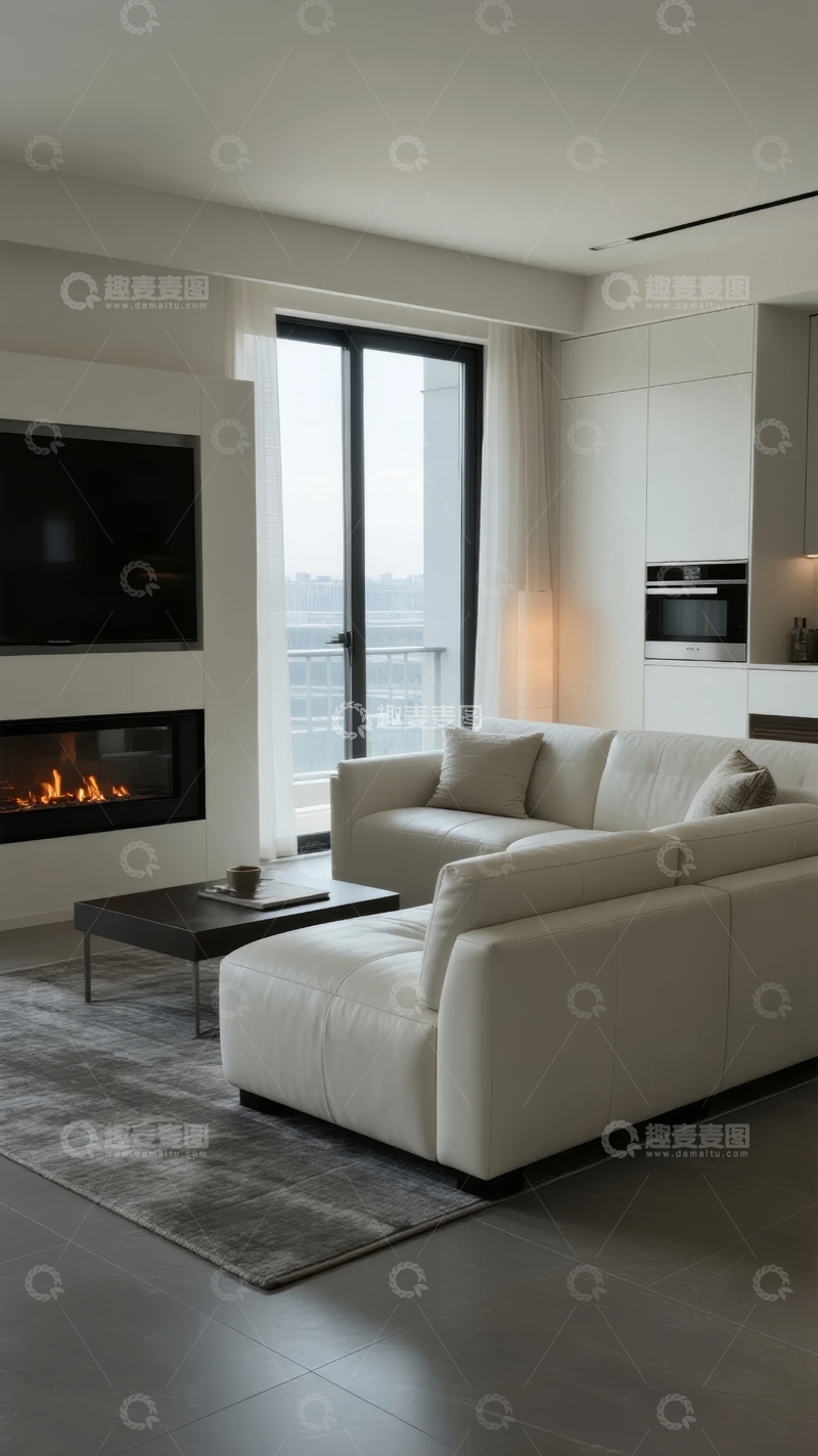 高清大图下载【趣麦麦图】现代客厅白色沙发与壁炉